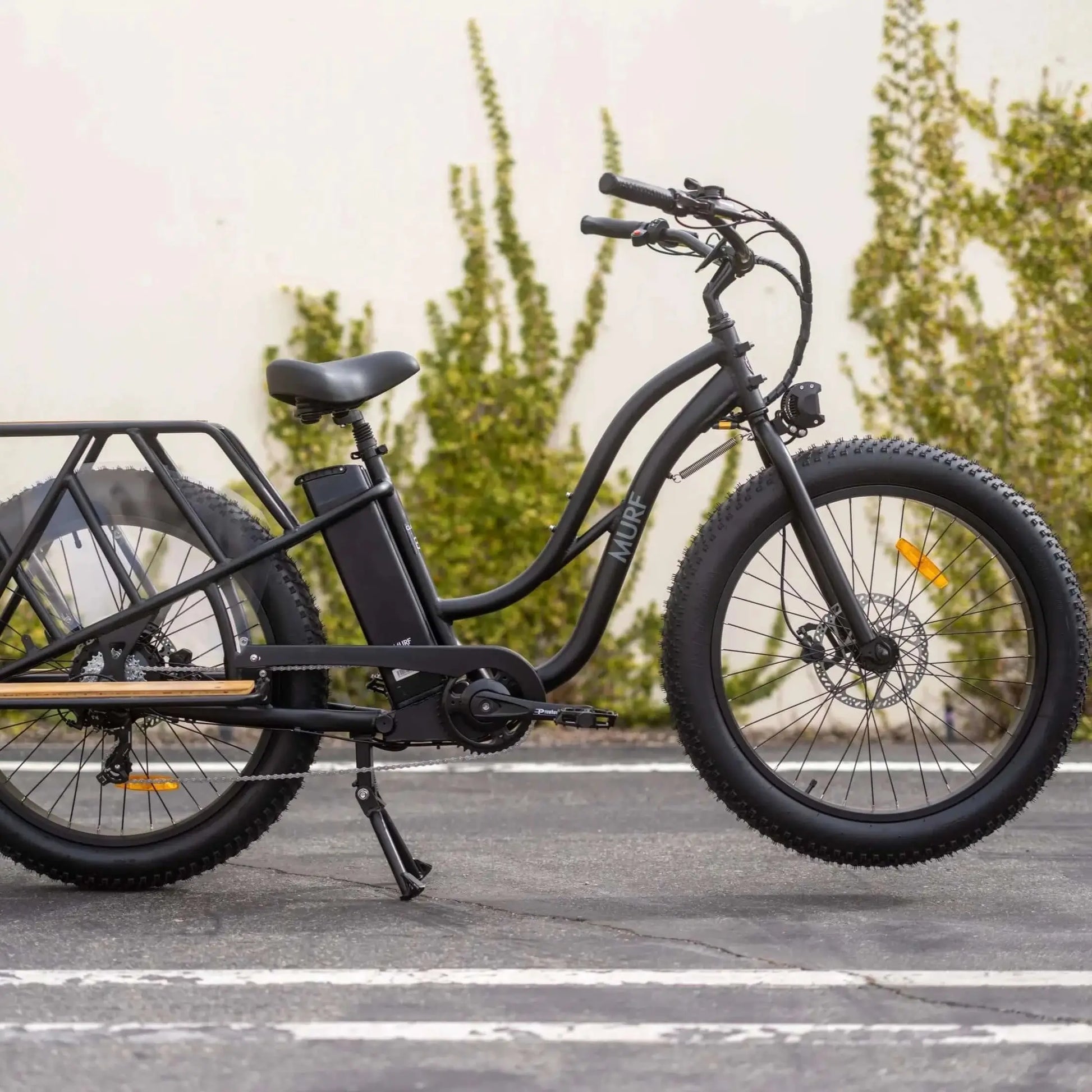 Close up of Alpha Cargo e-bike on it's kickstand.