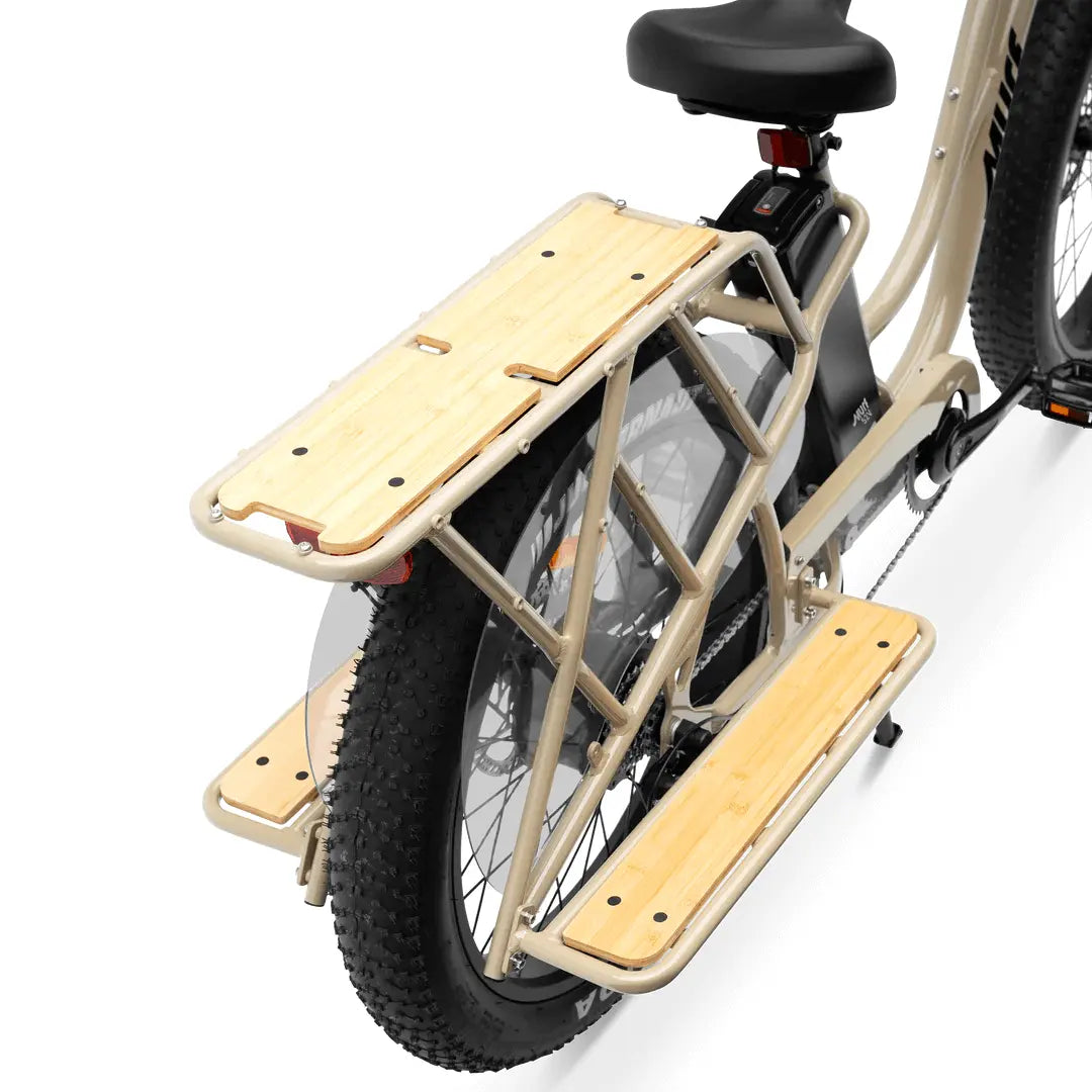 Beige cargo bike with wooden platform on a white background