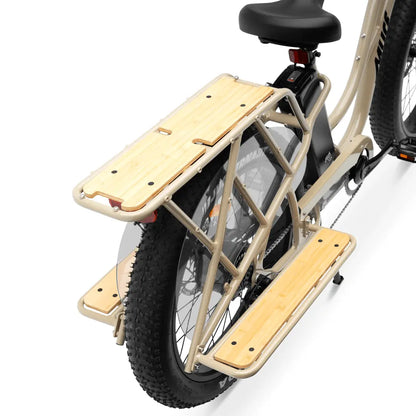 Beige cargo bike with wooden platform on a white background