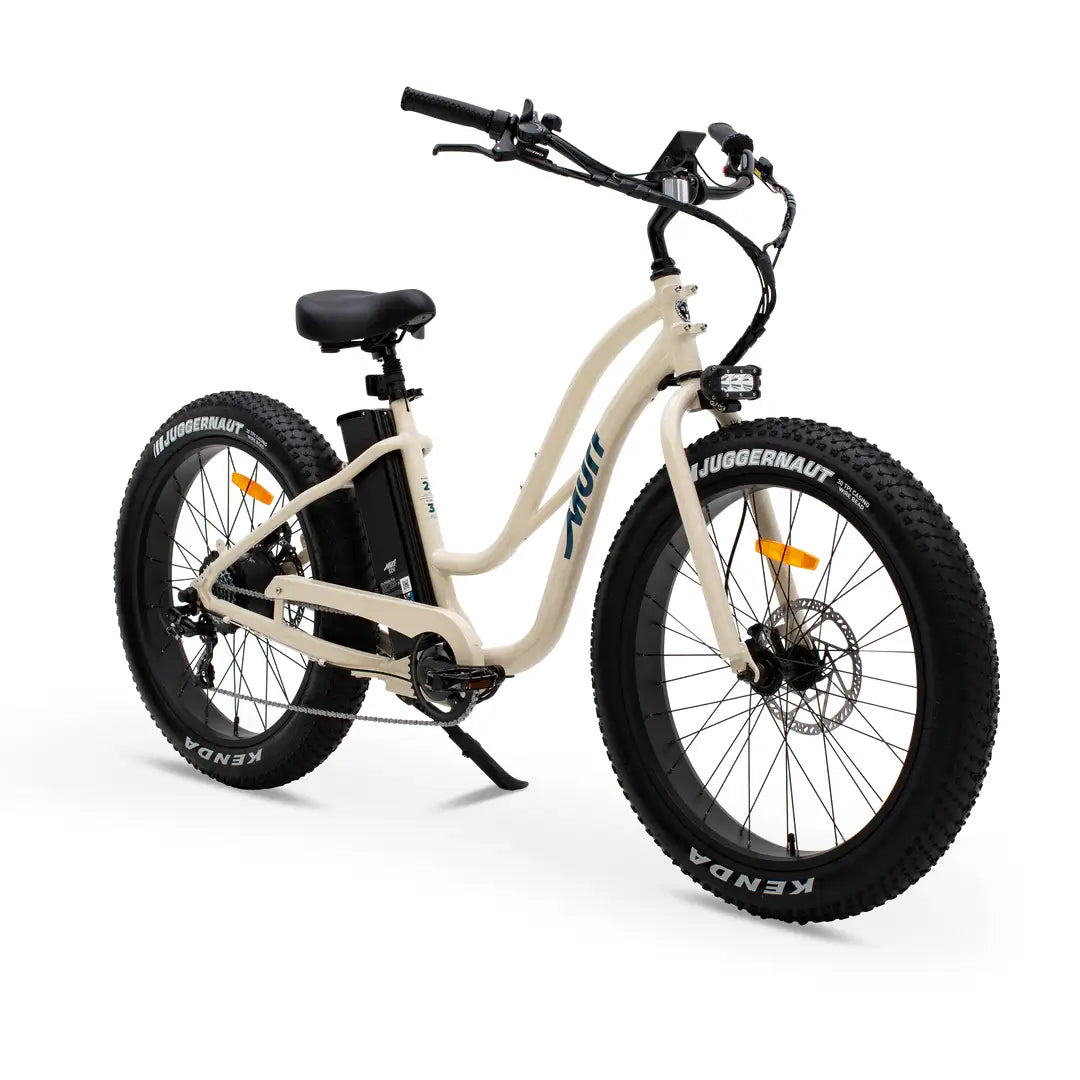 The Fat Murf step thru, fat tyre e-bike in the colour bone gloss.
