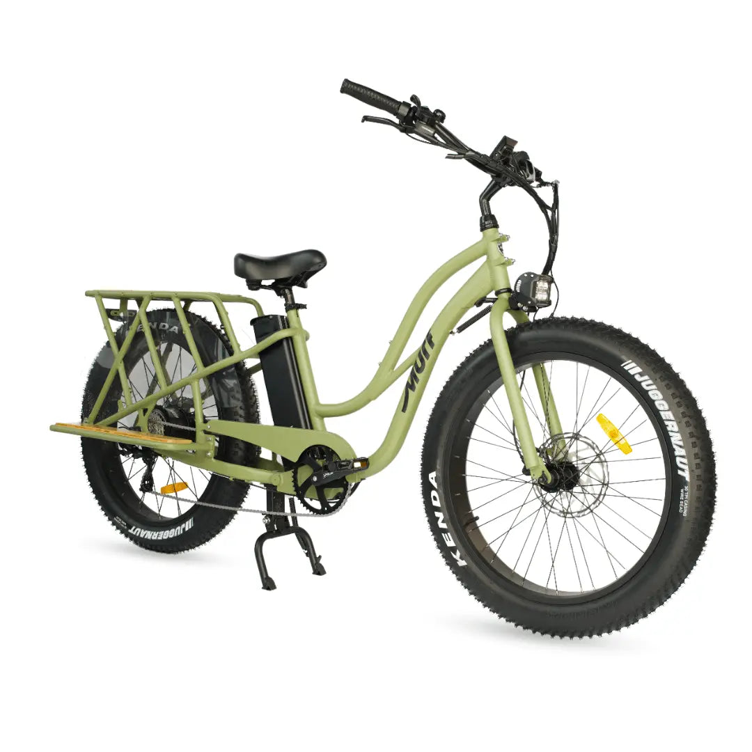 Green electric bike with a cargo rack on a white background