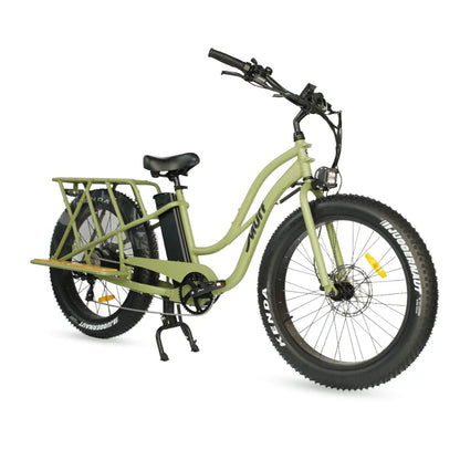 Green electric bike with a cargo rack on a white background