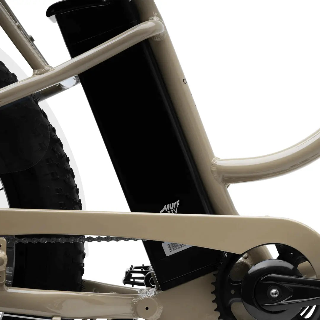 Close-up of a bicycle frame with a black battery pack attached, on a white background.