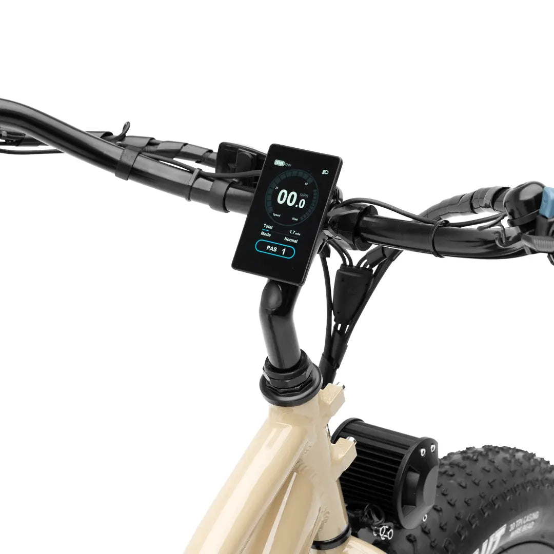 Close-up of a bike handlebar with a digital display on a white background