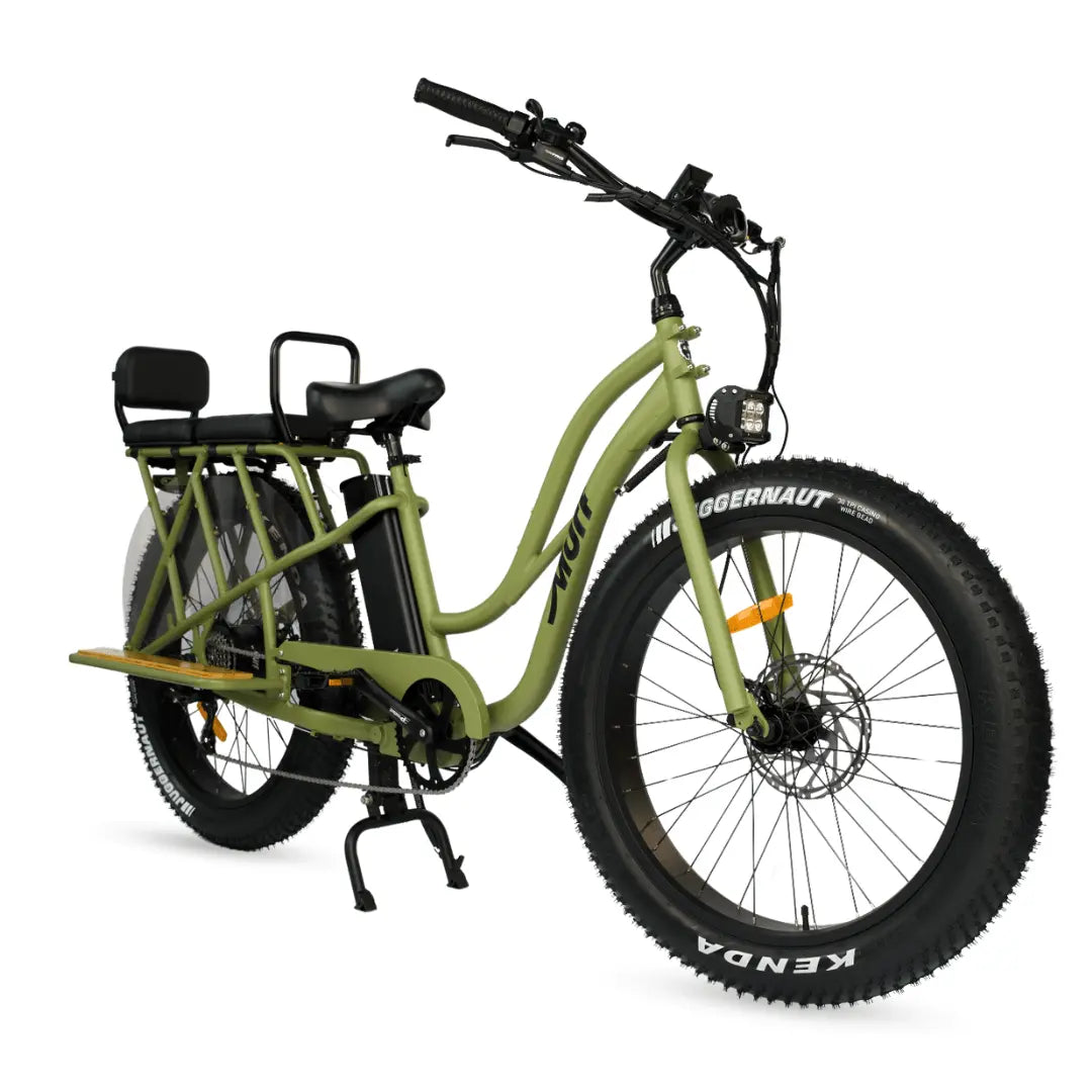 Green electric bike with a cargo rack on a white background