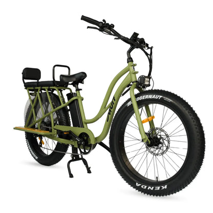 Green electric bike with a cargo rack on a white background
