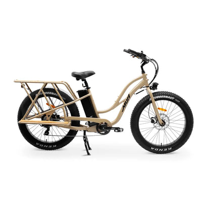Beige electric bike with Kenda tires on a white background