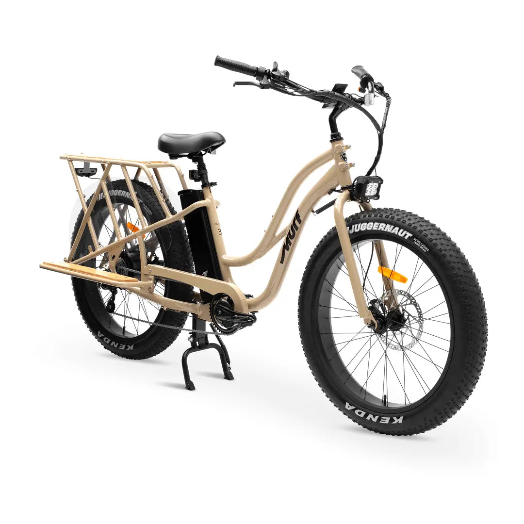 Beige electric bike with a cargo rack on a white background