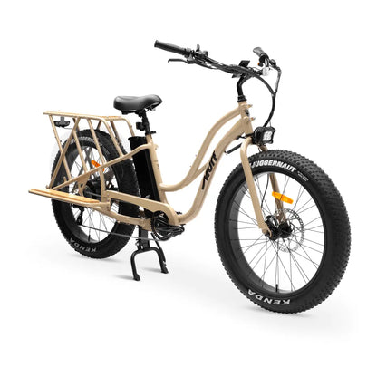 Beige electric bike with a cargo rack on a white background